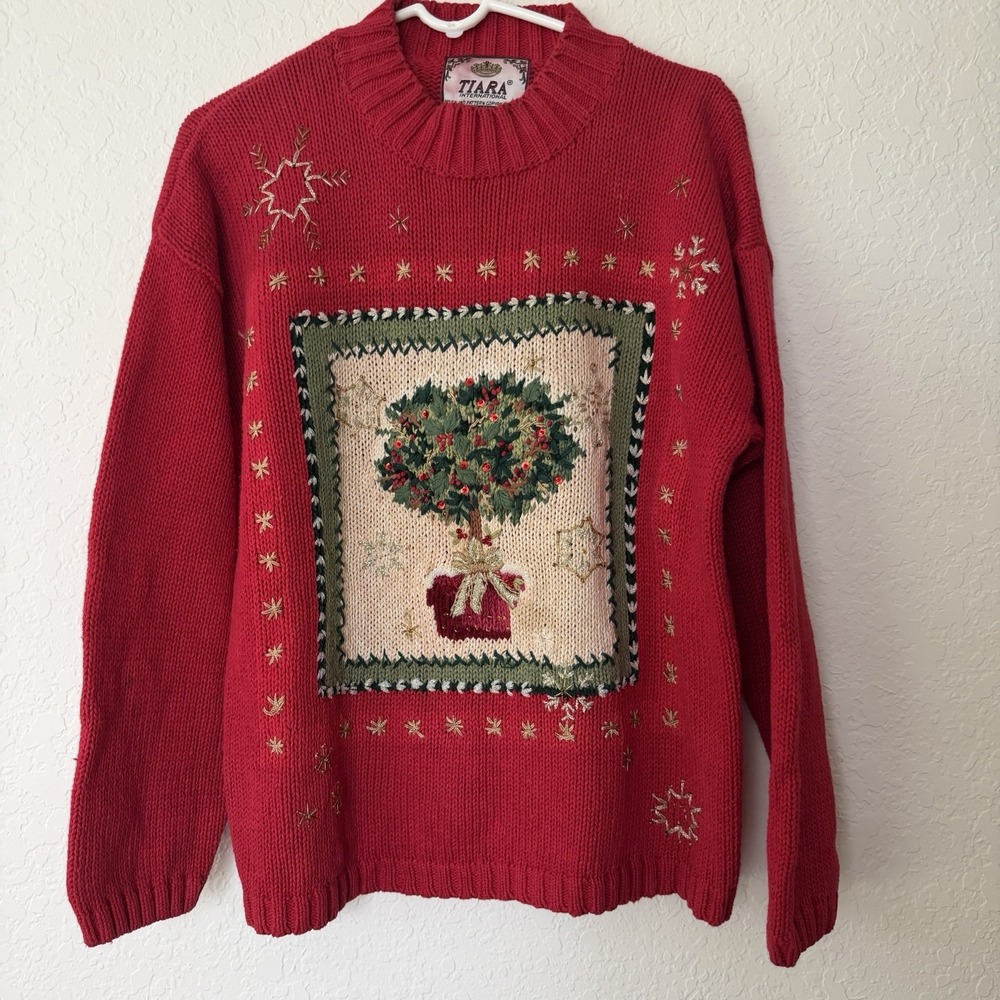 Vintage Christmas Sweater Large 90s Novelty Ugly Retro Grandma Hand Knit Flaws
